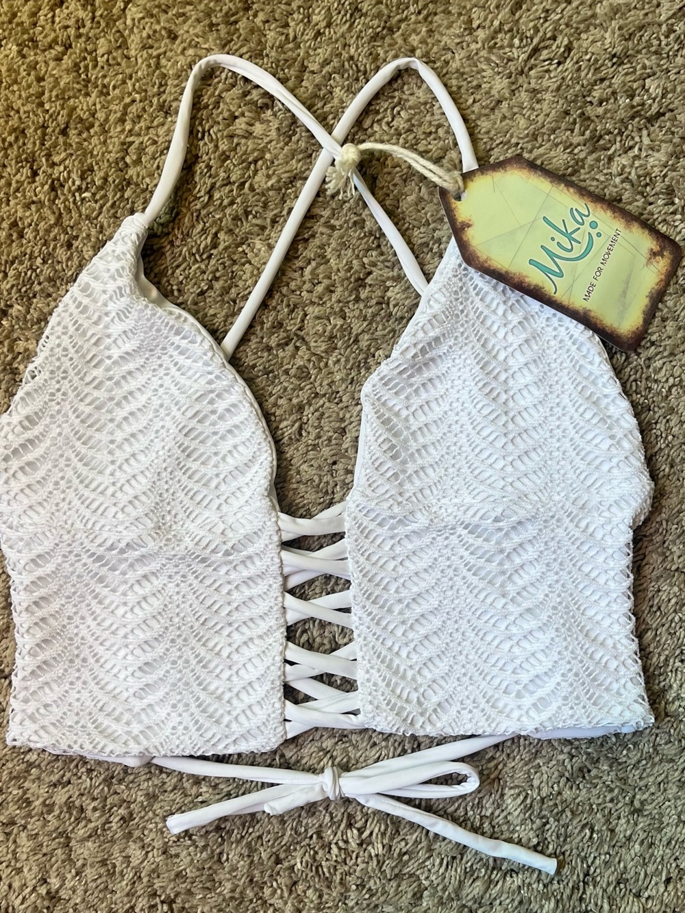 Mika Yoga Wear White Lace-Up Crochet Crop Bralette